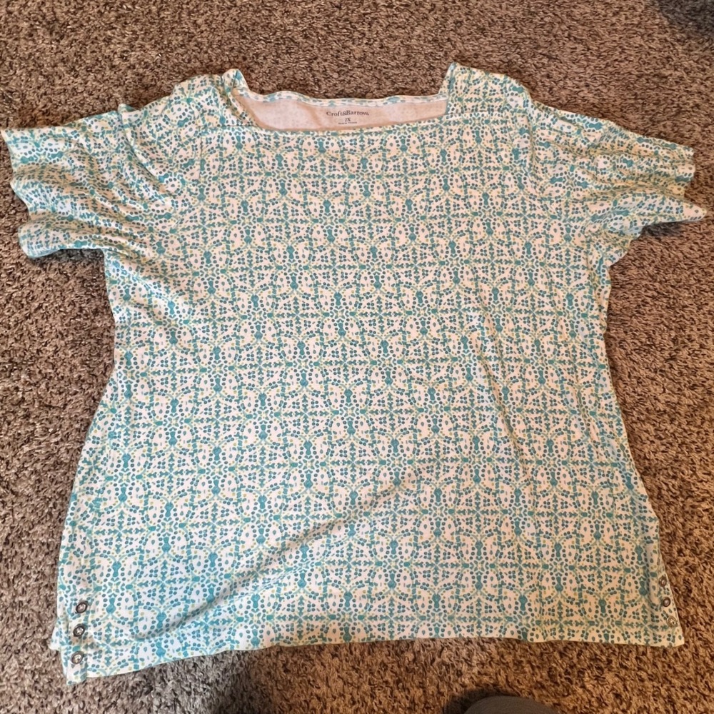 Croft & Barrow Womens 2X Teal Geometric Mosaic Print Cotton Boat Neck Top Button